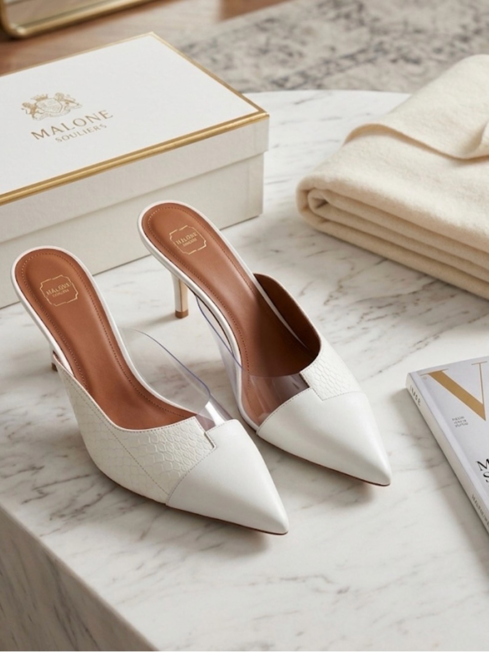 Malone Souliers White Leather & Clear PVC Kitten Heel Mules 37.5